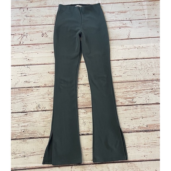 Zara Green Ribbed Stretch Dress Pants Women's Size Small Flare Legs W/ Slits - Picture 1 of 11